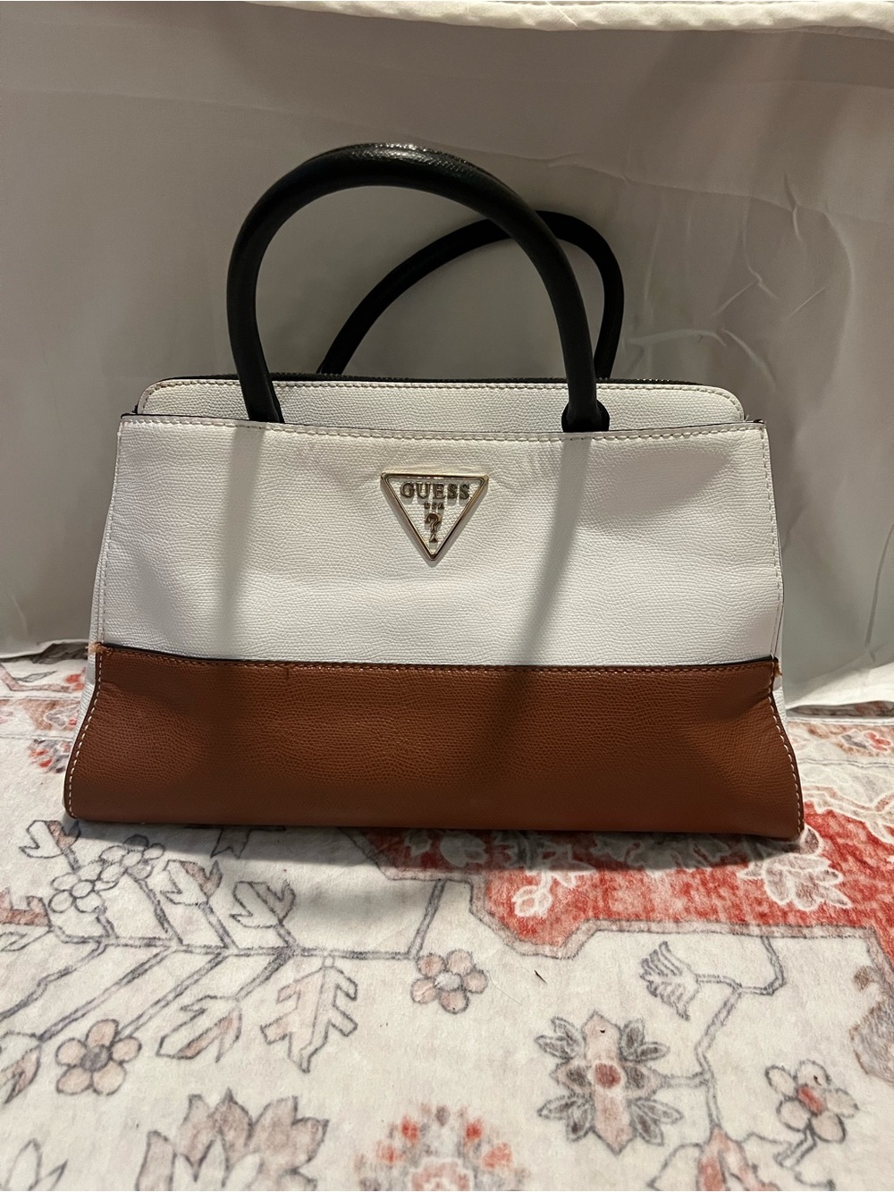 GUESS White, Brown and Black Two-Tone Satchel